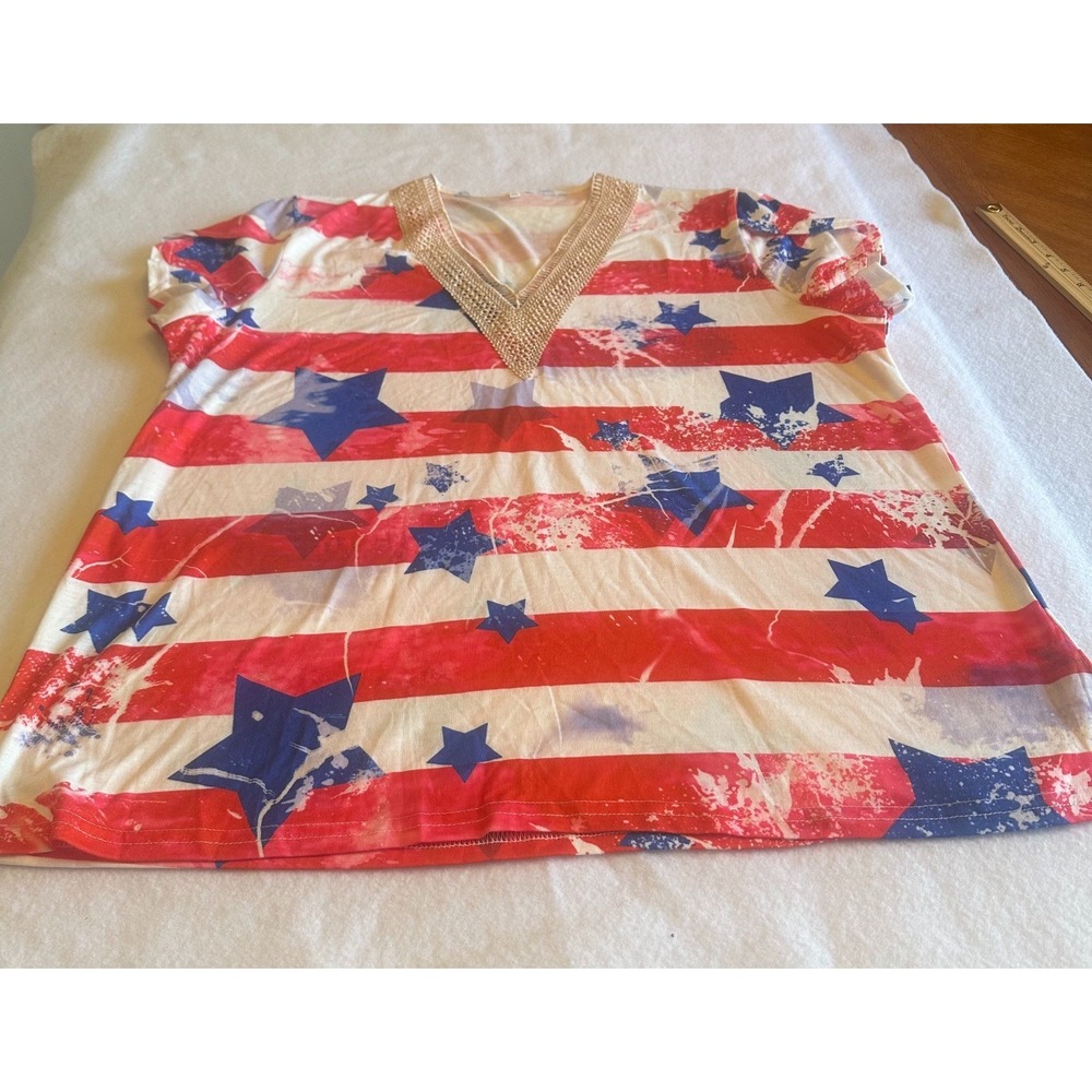 Womens XXL American Flag Stars Stripes V-Neck Top Gold Beaded Patriotic Tee